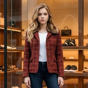 NWT Laura Ashley Petite Plaid Tweed Jacket Detachable Faux Fur Collar Small